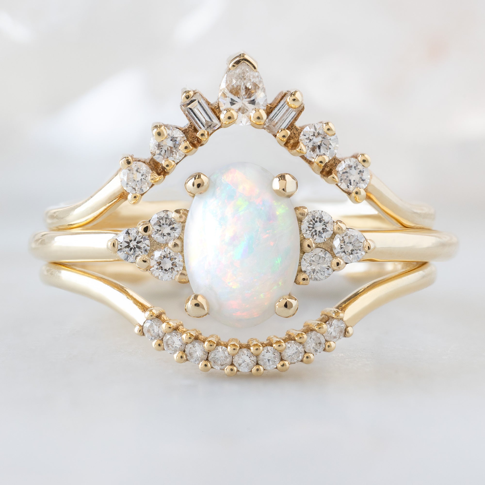 buy:geometric-white-diamond-sunburst-stacking-band-14k-or-18k-yellow-gold,the-ivy-ring-0-44ct-oval-australian-opal-in-14k-yellow-gold,white-diamond-pave-arc-stacking-band-14k-or-18k-yellow-gold