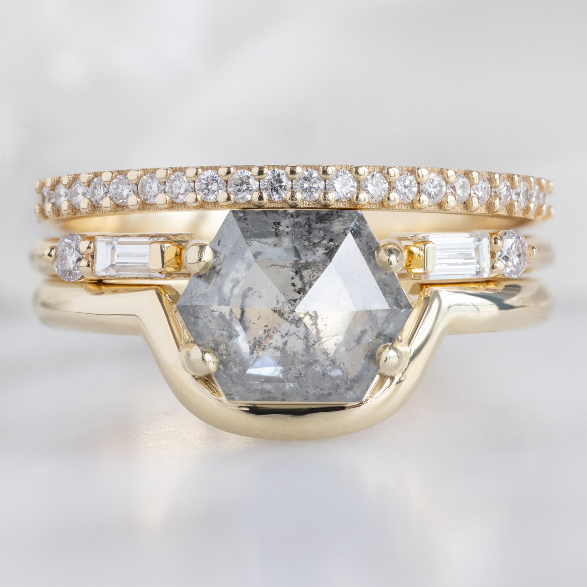 buy:the-white-diamond-pave-wedding-band-14k-or-18k-yellow-gold,the-luxe-open-cuff-white-baguette-diamond-stacking-band-yellow-rose-or-white-gold,the-wave-ring-1-37ct-hexagon-salt-and-pepper-diamond-in-14k-yellow-gold