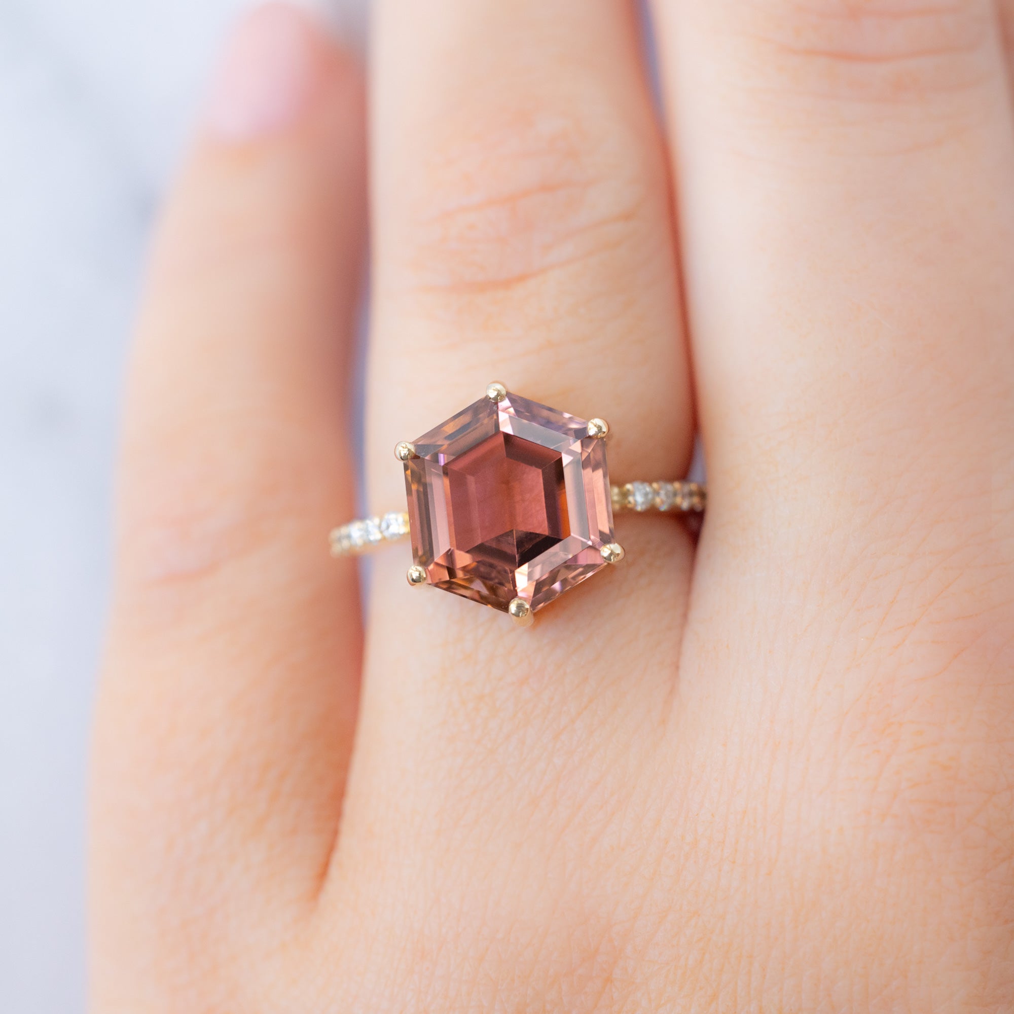 The Luxe Willow Ring with a 5.01ct Hexagon Tourmaline in 14K Yellow Gold on Model