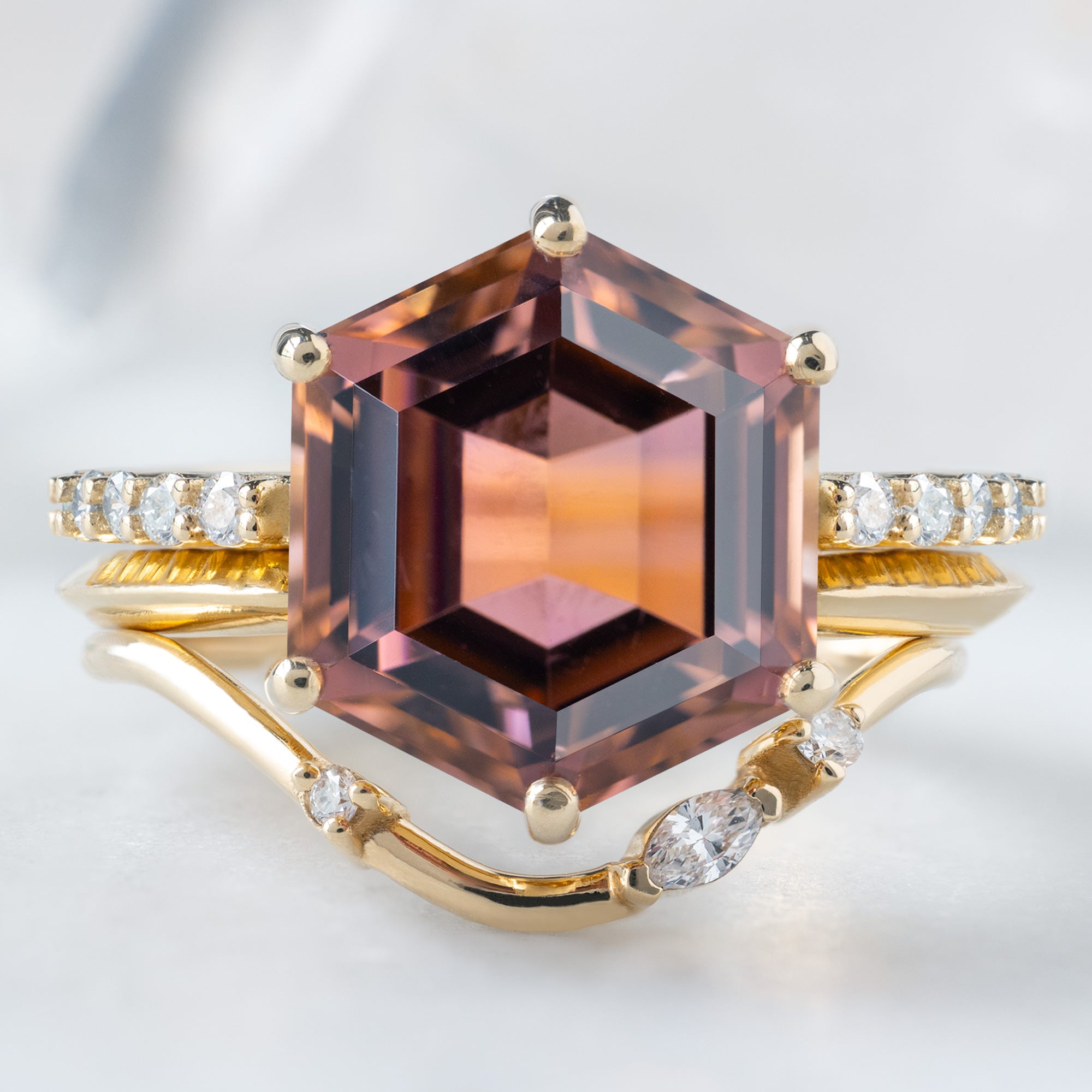 buy:the-luxe-willow-ring-5-01ct-hexagon-tourmaline-in-14k-yellow-gold,gold-open-cuff-knife-edge-stacking-band-14k-yellow-gold,asymmetrical-marquise-diamond-arc-stacking-band-in-14k-yellow-gold