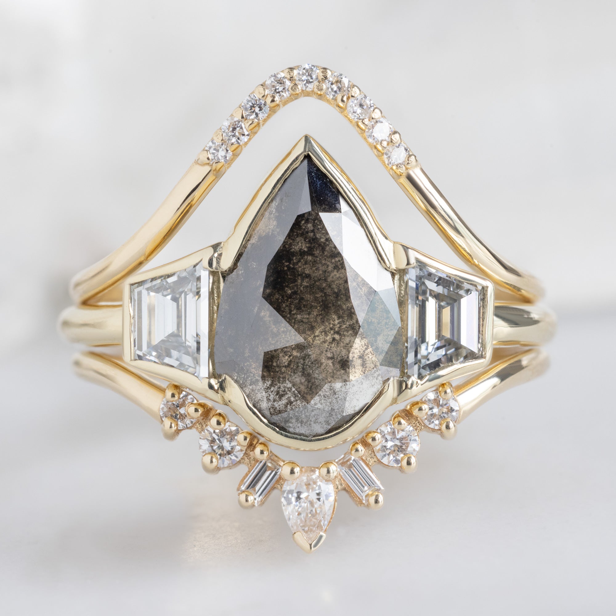 buy:white-diamond-pave-peak-stacking-band-14k-or-18k-yellow-gold,the-luxe-jade-ring-1-29ct-lab-grown-pear-salt-and-pepper-diamond-in-14k-yellow-gold,geometric-white-diamond-sunburst-stacking-band-14k-or-18k-yellow-gold