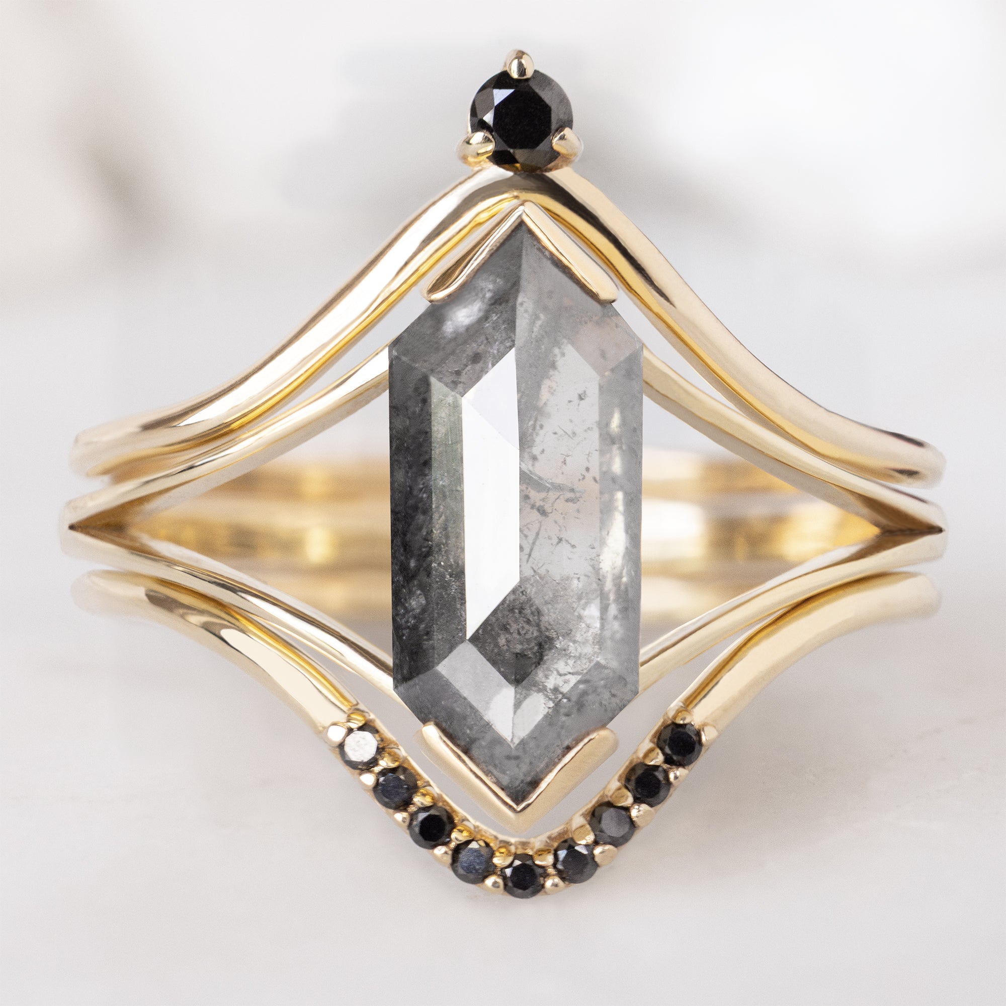 buy:black-diamond-crown-stacking-band-14k-or-18k-rose-gold,the-magnolia-ring-with-a-1-77ct-hexagon-salt-and-pepper-diamond-in-14k-yellow-gold,black-diamond-pave-peak-stacking-band-14k-or-18k-rose-gold