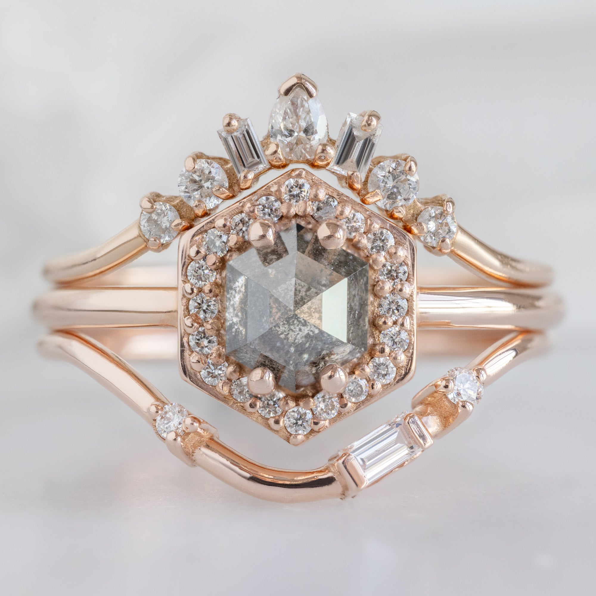 buy:geometric-white-diamond-sunburst-stacking-band-14k-or-18k-yellow-gold,the-dahlia-ring-60ct-hexagon-salt-and-pepper-diamond-in-14k-rose-gold,asymmetrical-baguette-diamond-arc-stacking-band-in-14k-yellow-gold