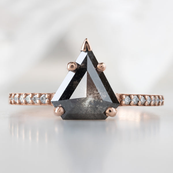 The Willow Ring with a 1.19ct Shield Black Diamond in 14K Rose Gold on White Marble