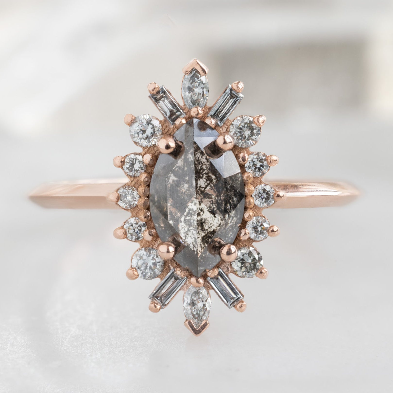 The Camellia Ring | Build Your Own Marquise Salt and Pepper Diamond Engagement Ring