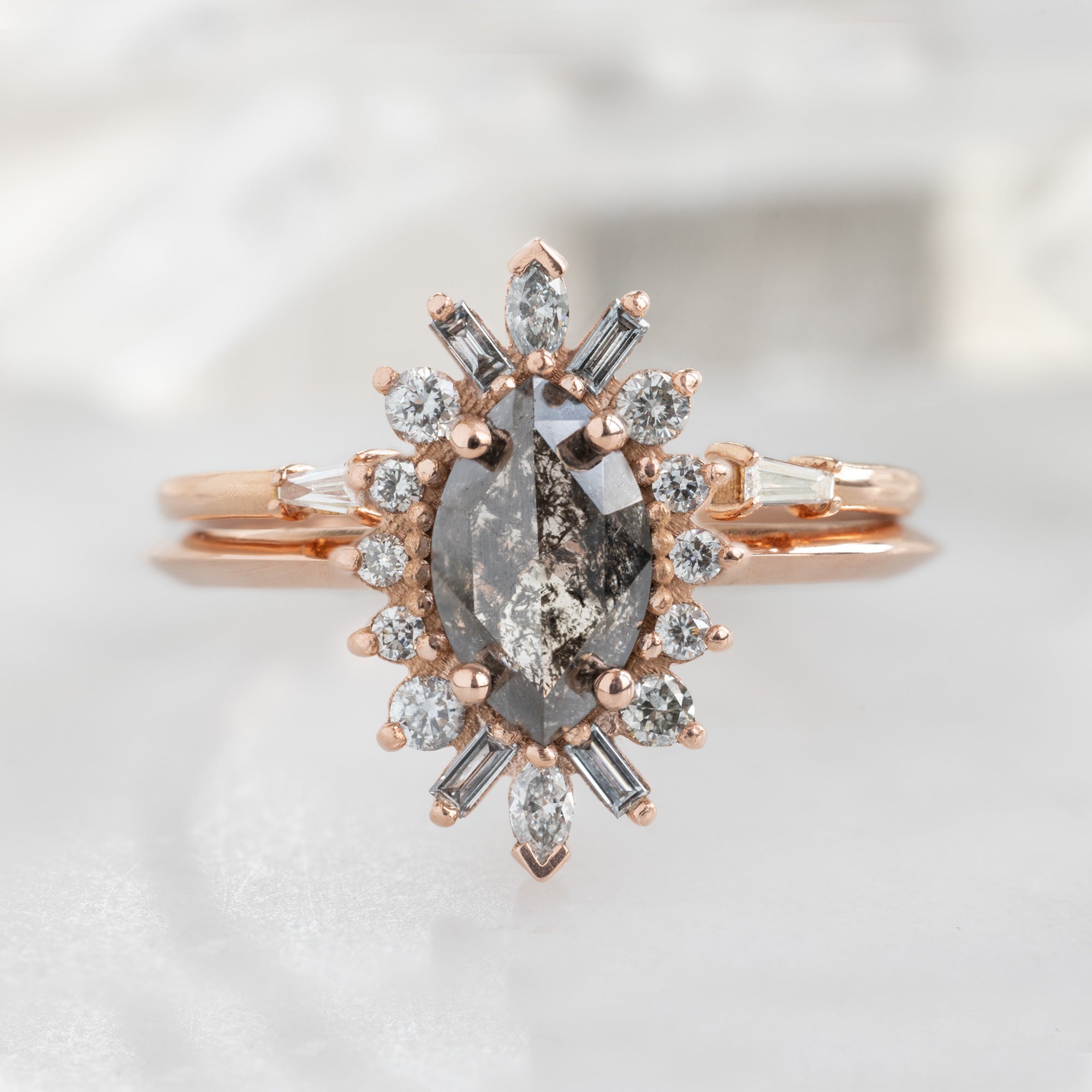 The Camellia Ring | Build Your Own Marquise Salt and Pepper Diamond Engagement Ring