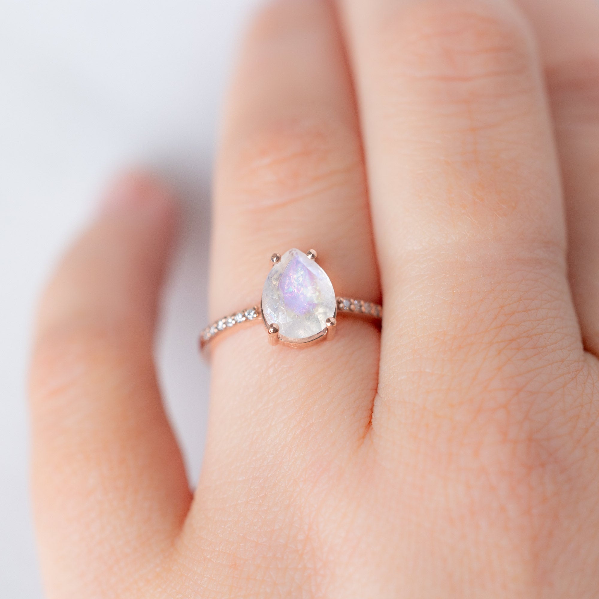 The Willow Ring with a 1.66ct Pear Moonstone in 14K Rose Gold on Model