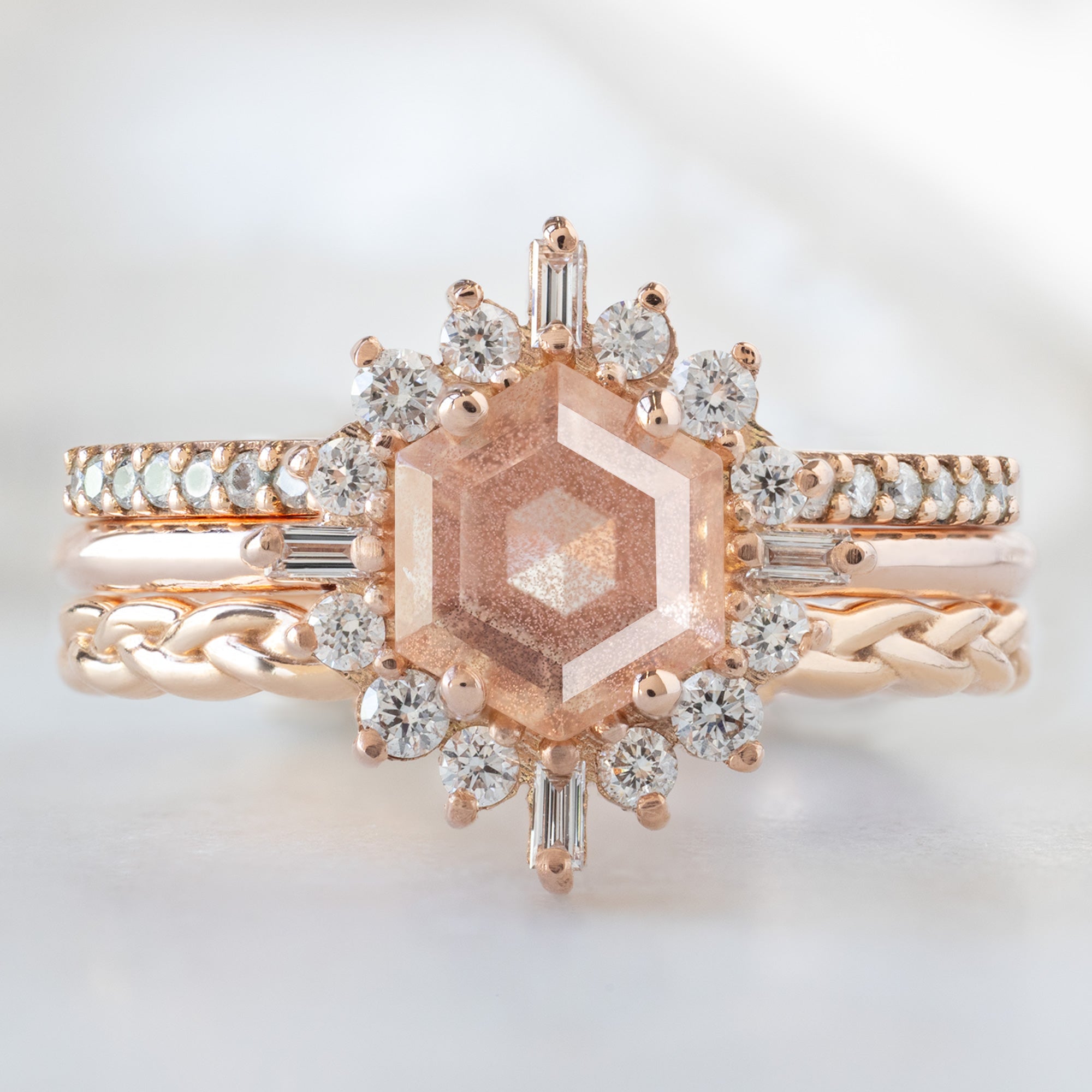 buy:the-white-diamond-pave-wedding-band-14k-or-18k-yellow-gold,the-compass-ring-0-98ct-hexagon-sunstone-in-14k-rose-gold,the-gold-braided-stacking-ring-14k-rose-gold
