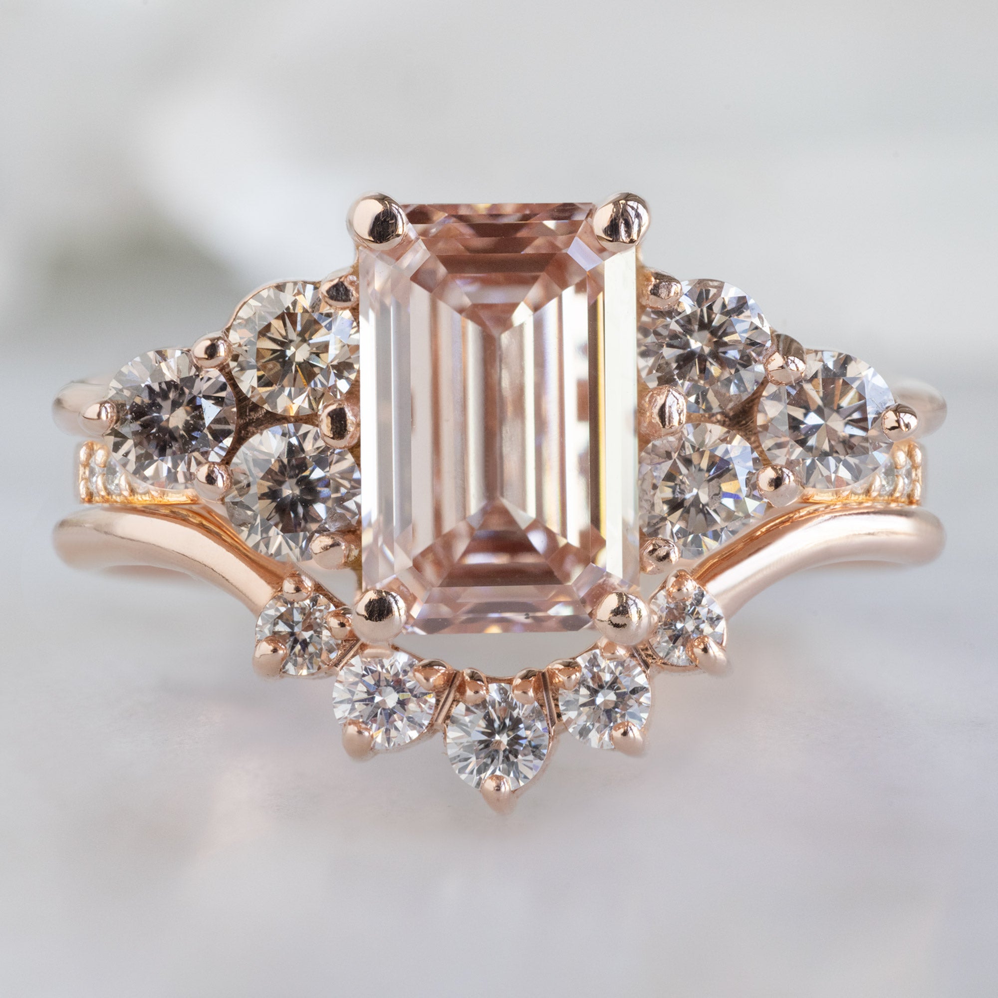 buy:the-ivy-ring-with-a-1-65ct-lab-grown-emerald-cut-pink-diamond-in-14k-rose-gold,open-cuff-white-diamond-pave-stacking-band-14k-or-18k-yellow-gold,round-white-diamond-sunburst-stacking-band-14k-or-18k-yellow-gold