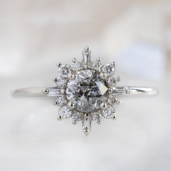 The Compass Ring with a 0.96ct Round Salt and Pepper Diamond in 14K White Gold on White Marble
