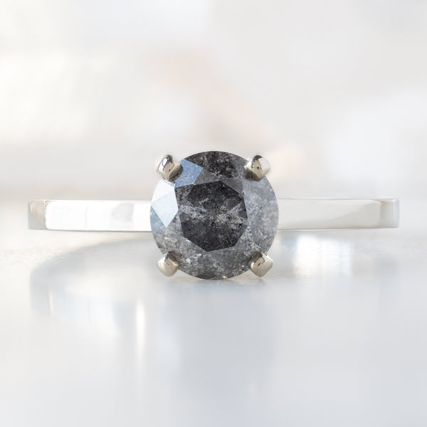The Bryn Ring with a 1.01ct Round Salt and Pepper Diamond in 14K White Gold on White Marble