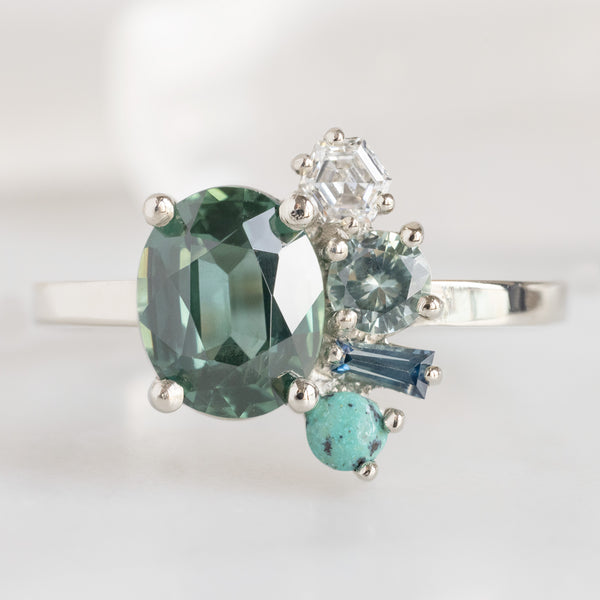 The Watercolor Cluster Ring with a 1.53ct Oval Green Sapphire in 14K White Gold