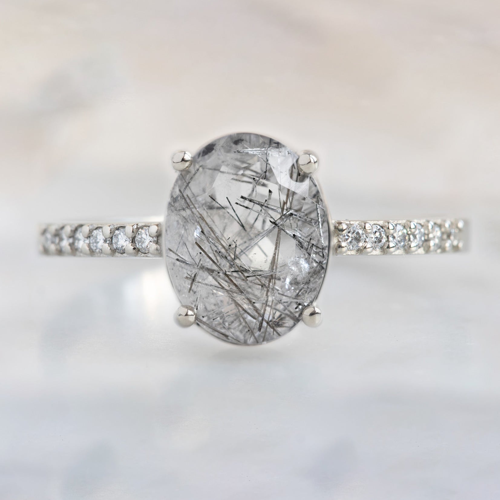 The Willow Ring with a 1.70ct Oval Tourmaline in Quartz in 14K White Gold on white background
