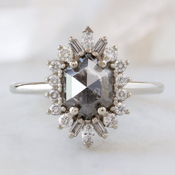 The Camellia Ring with a 1.20ct Hexagon Black Diamond in 14K White Gold on White Marble