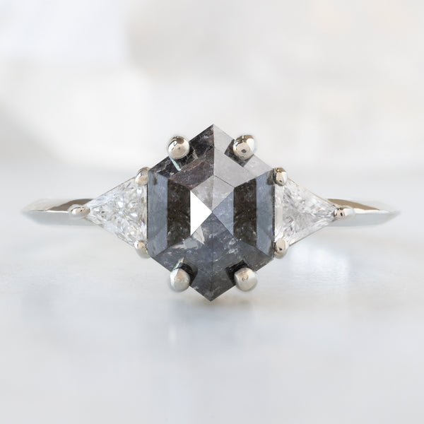 The Jade Ring with a 1.17ct Hexagon Salt and Pepper Diamond in 14K White Gold on White Marble