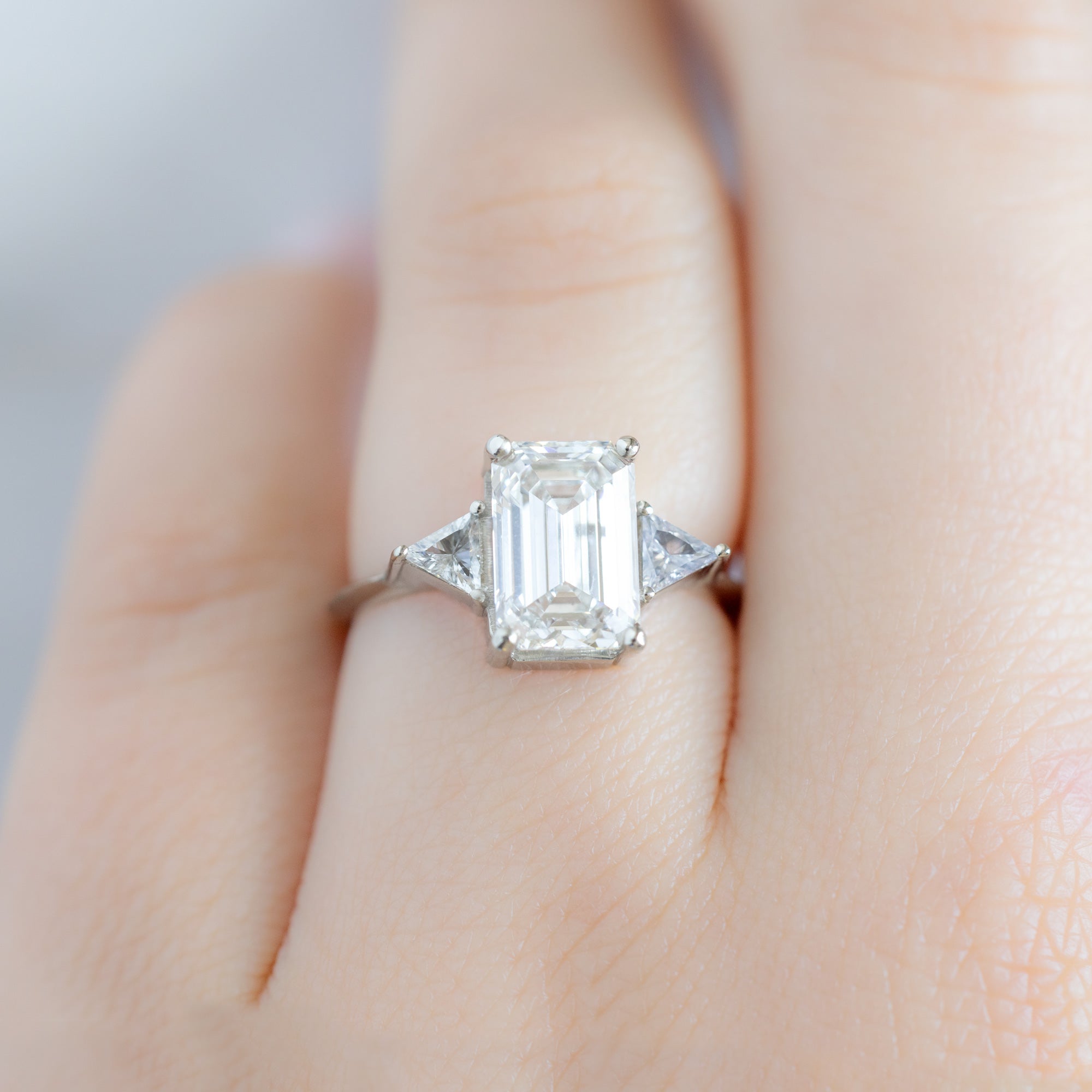 The Jade Ring with a 2.58ct Emerald Cut Lab Grown White Diamond in 14K White Gold on Model