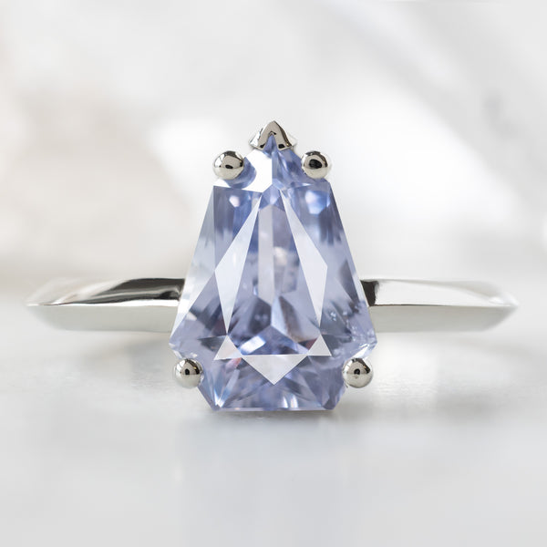 The Sage Ring with a 2.33ct Geometric Periwinkle Sapphire in 14K White Gold on White Marble