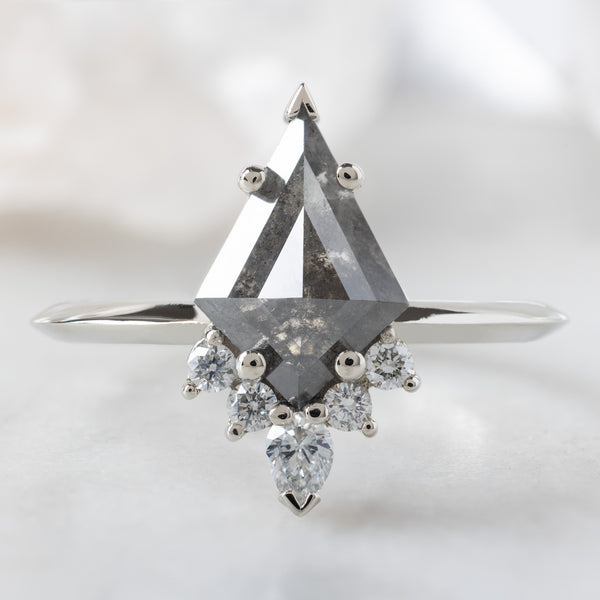 The Aster Ring with a 1.27ct Kite Black Diamond in 14K White Gold on White Marble