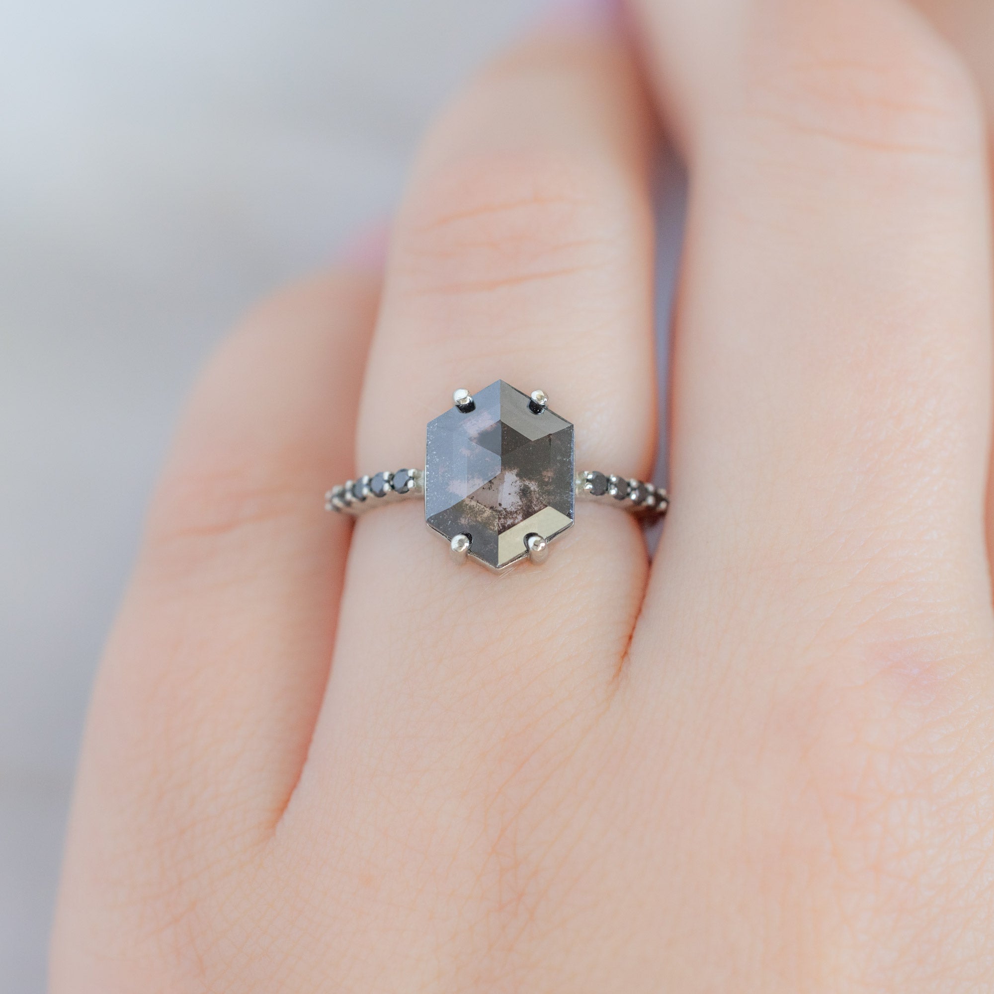 The Luxe Willow Ring with a 2.17ct Lab Grown Salt and Pepper Hexagon Diamond in 14K White Gold on Model