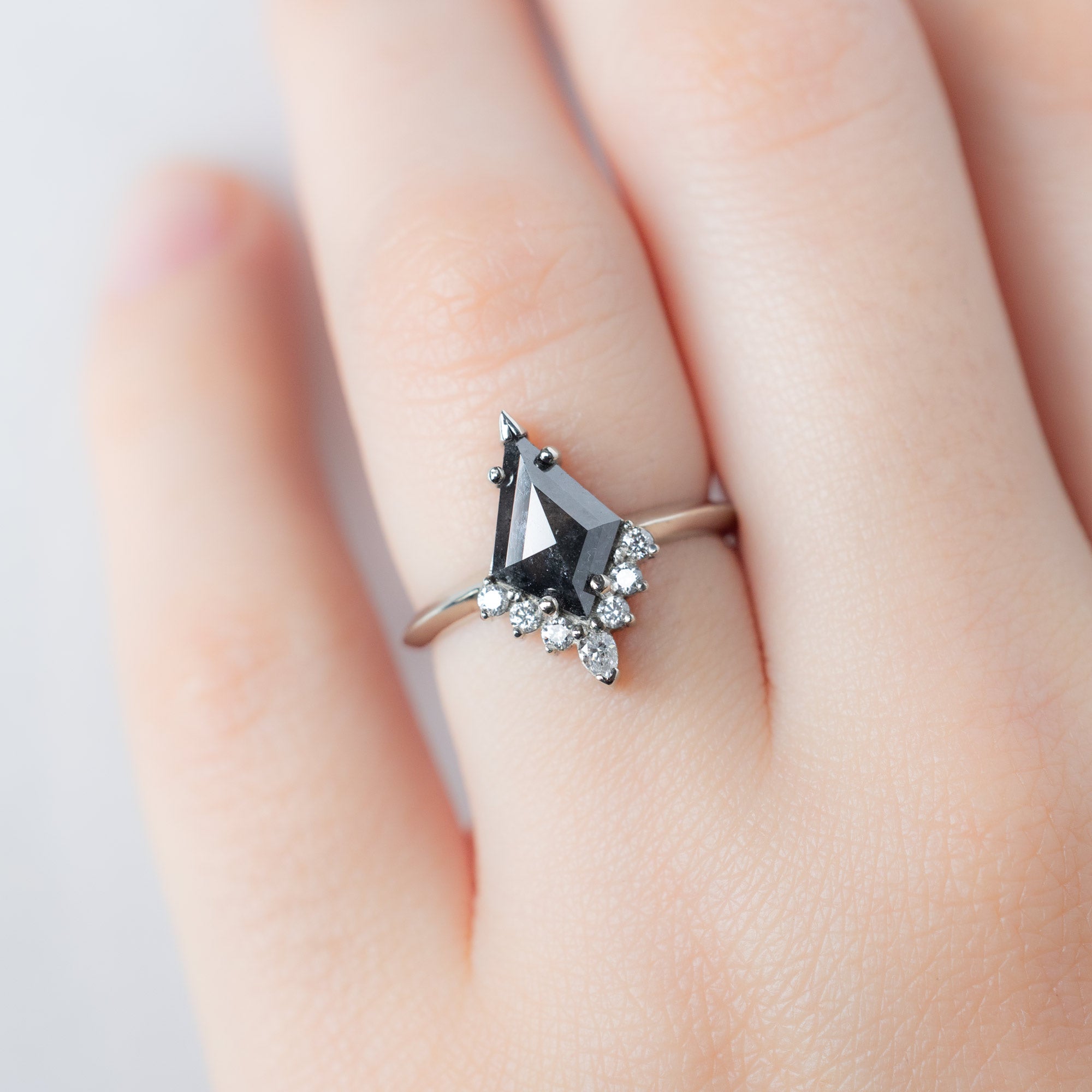 The Aster Ring with a 1.44ct Kite Black Diamond in 14K White Gold on Model