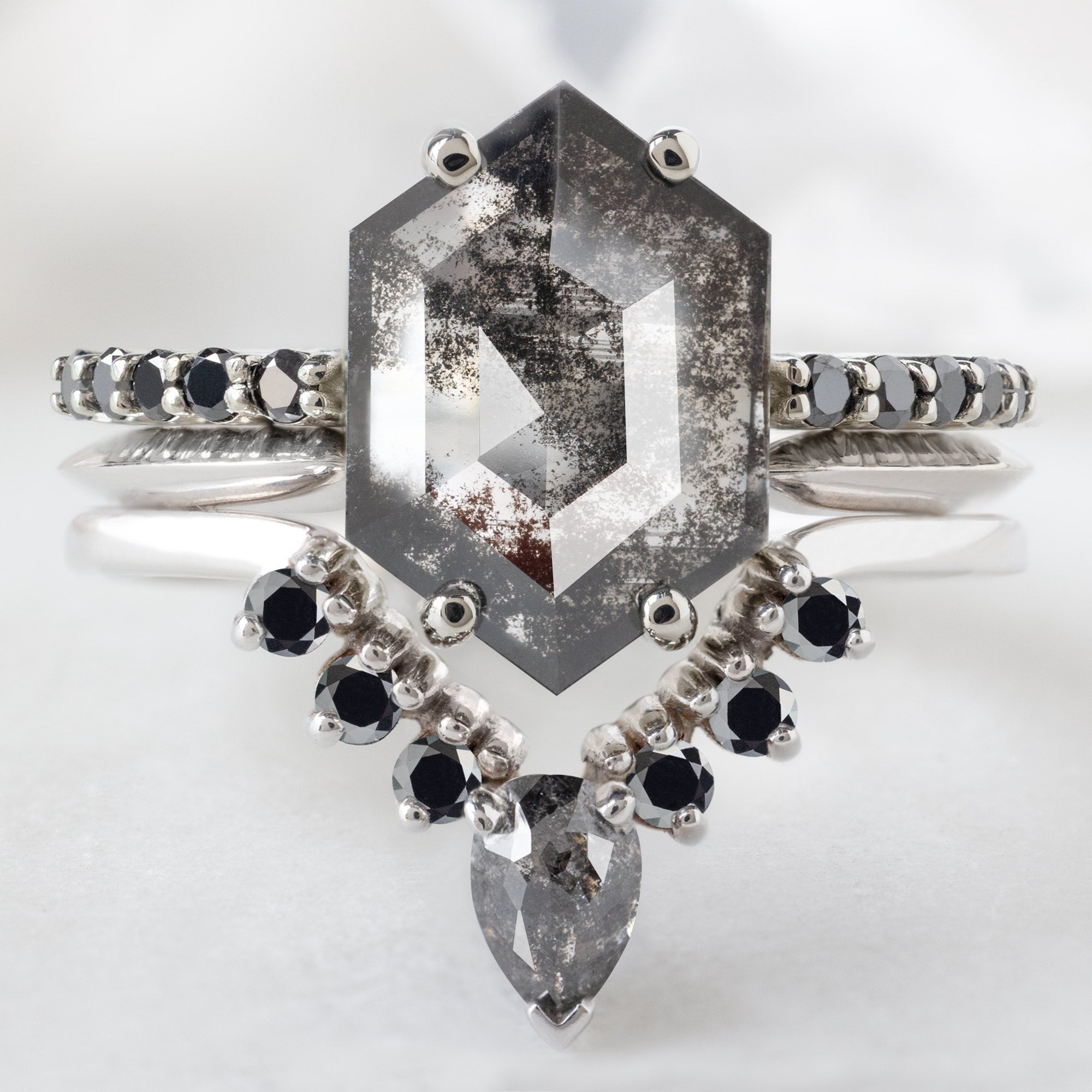 buy:the-luxe-willow-ring-1-53ct-hexagon-lab-grown-salt-and-pepper-diamond,gold-open-cuff-knife-edge-stacking-band-14k-yellow-gold,pear-black-diamond-sunburst-stacking-band-14k-gold