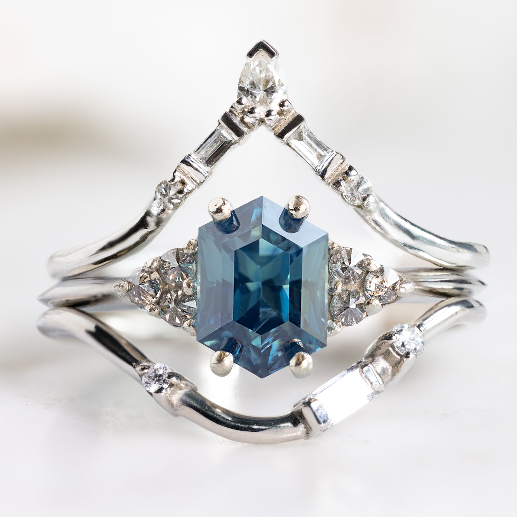 buy:white-diamond-tiara-stacking-band-14k-or-18k-yellow-gold,the-ivy-ring-with-a-1-08ct-hexagon-blue-sapphire-in-14k-white-gold,asymmetrical-baguette-diamond-arc-stacking-band-in-14k-yellow-gold