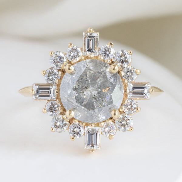 The Compass Luxe with a 2.03ct Round Salt and Pepper Diamond in 18K Yellow Gold on White Marble