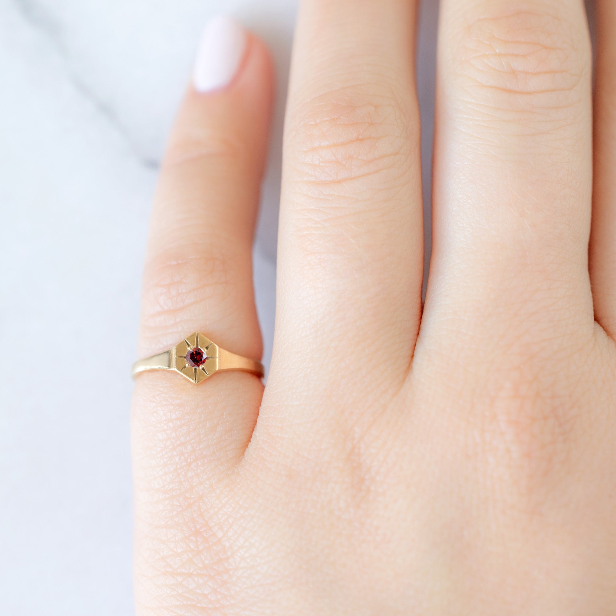 Custom Garnet Birthstone Signet Ring | Yellow, Rose or White Gold