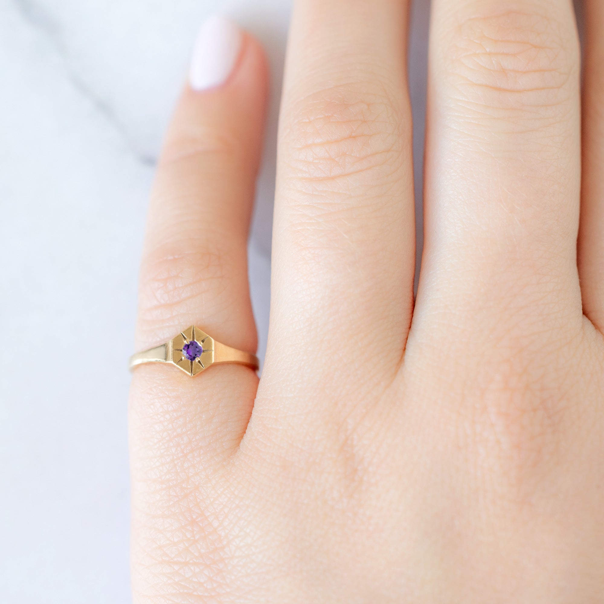Custom Amethyst Birthstone Signet Ring | Yellow Gold