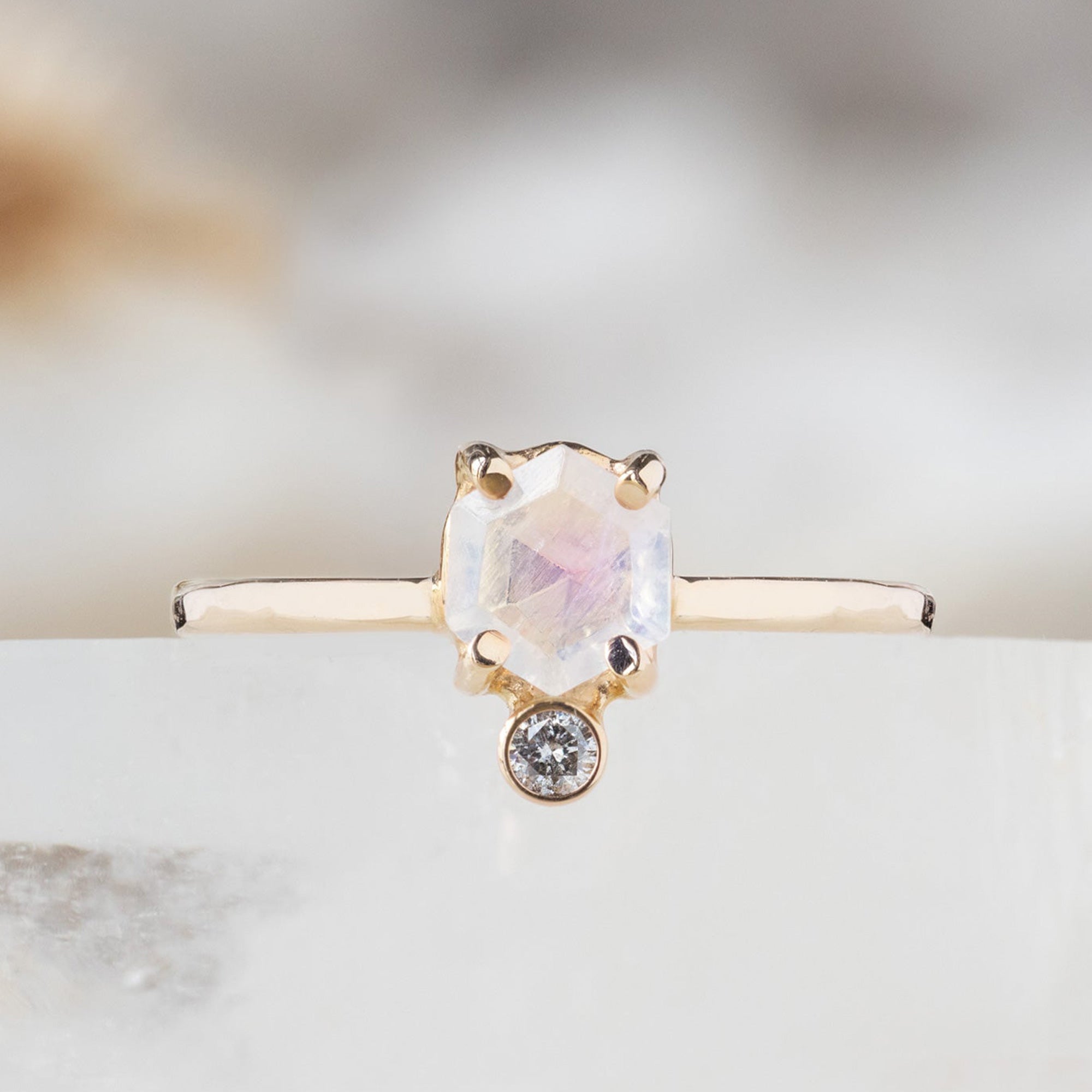 The Hexagon Moonstone + Diamond Ring | Yellow, Rose or Sterling Silver