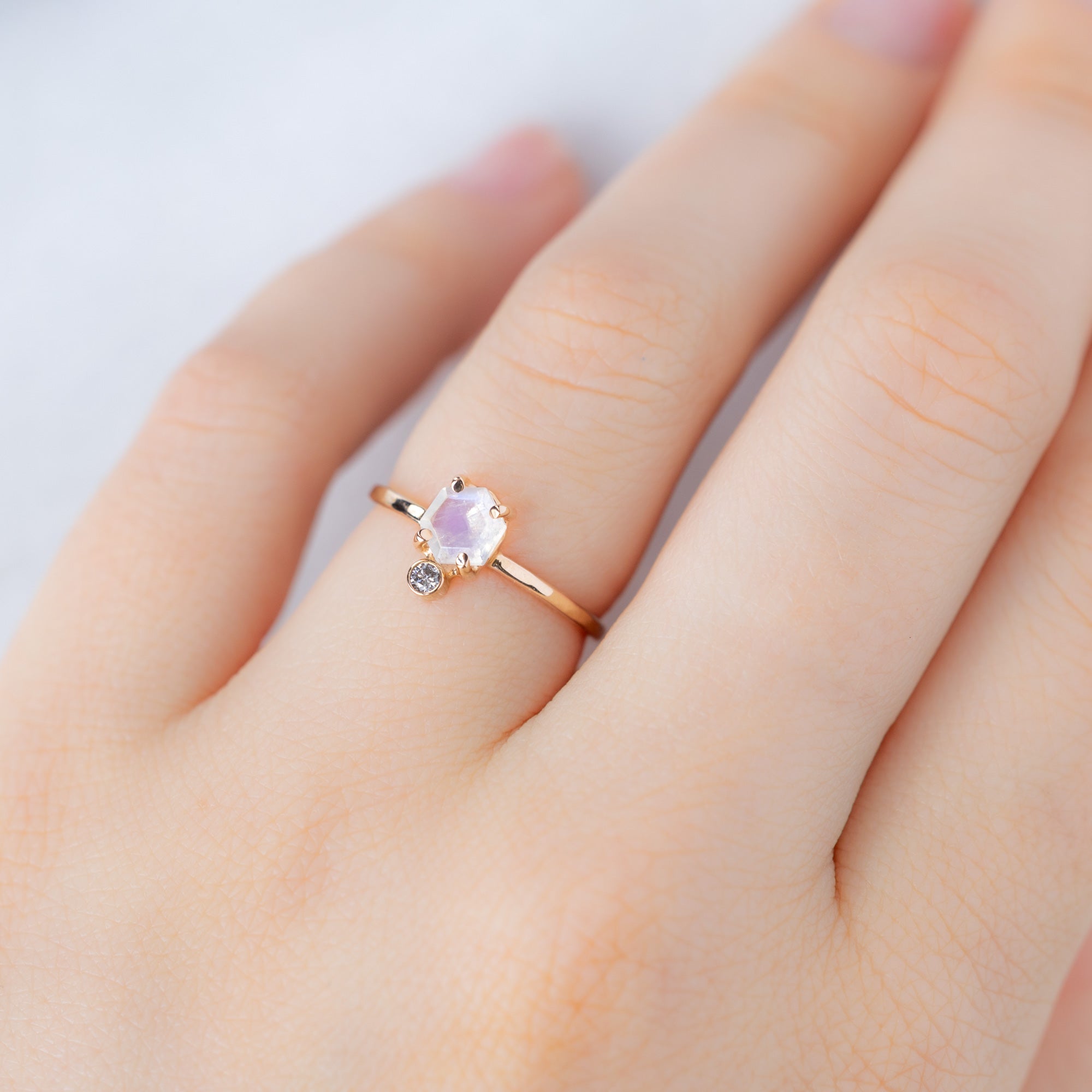 The Hexagon Moonstone + Diamond Ring | Yellow, Rose or Sterling Silver