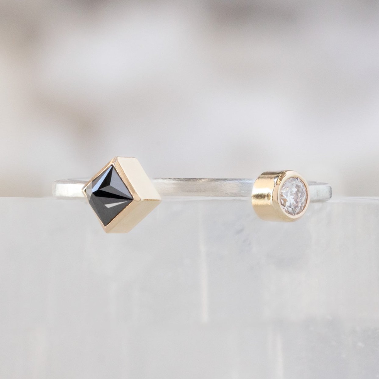 The Open Cuff Black + White Diamond Ring | Sterling Silver