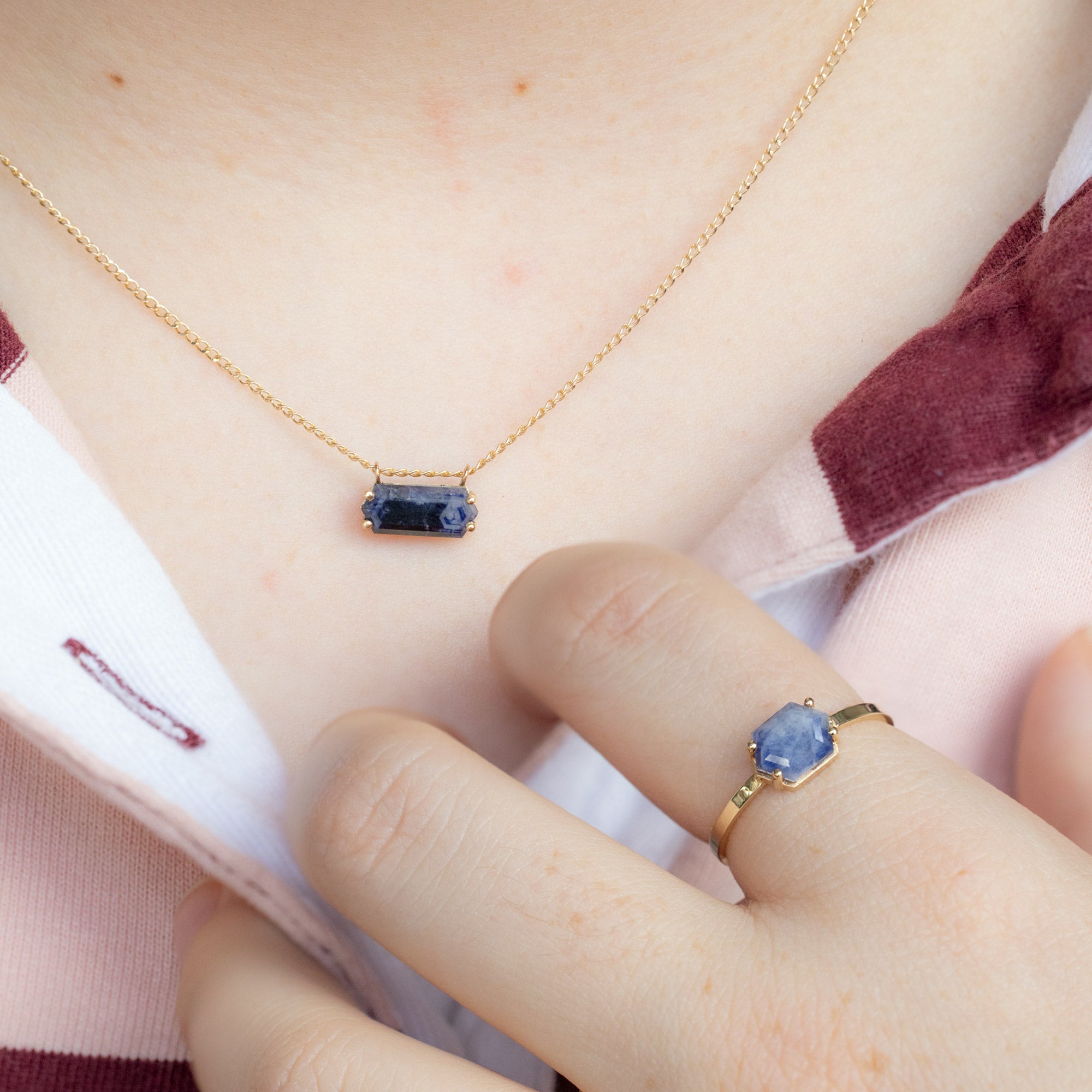 The Raw Sapphire Hexagon Set in Yellow Gold on Model