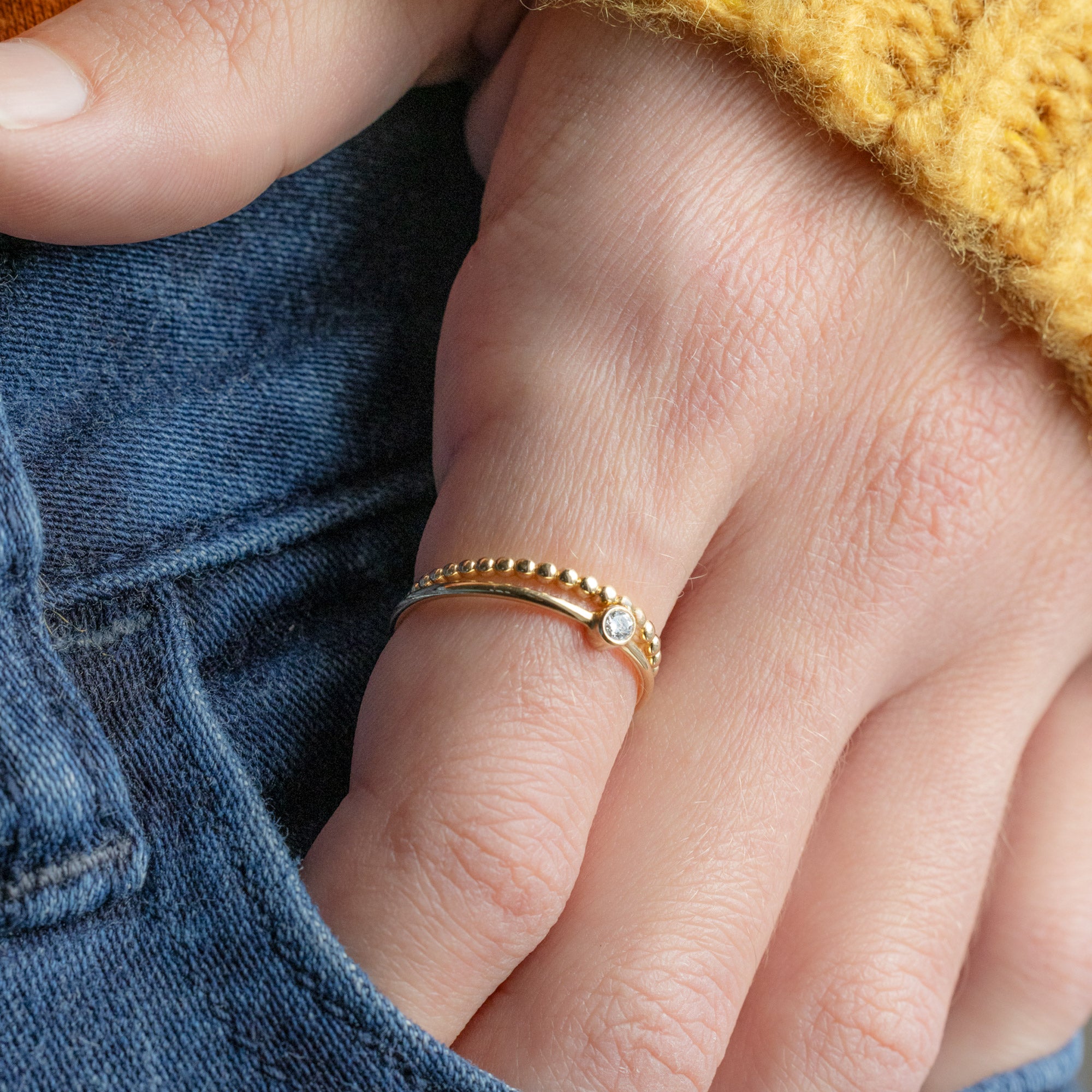 The Textured Ring Set in Yellow Gold on Model