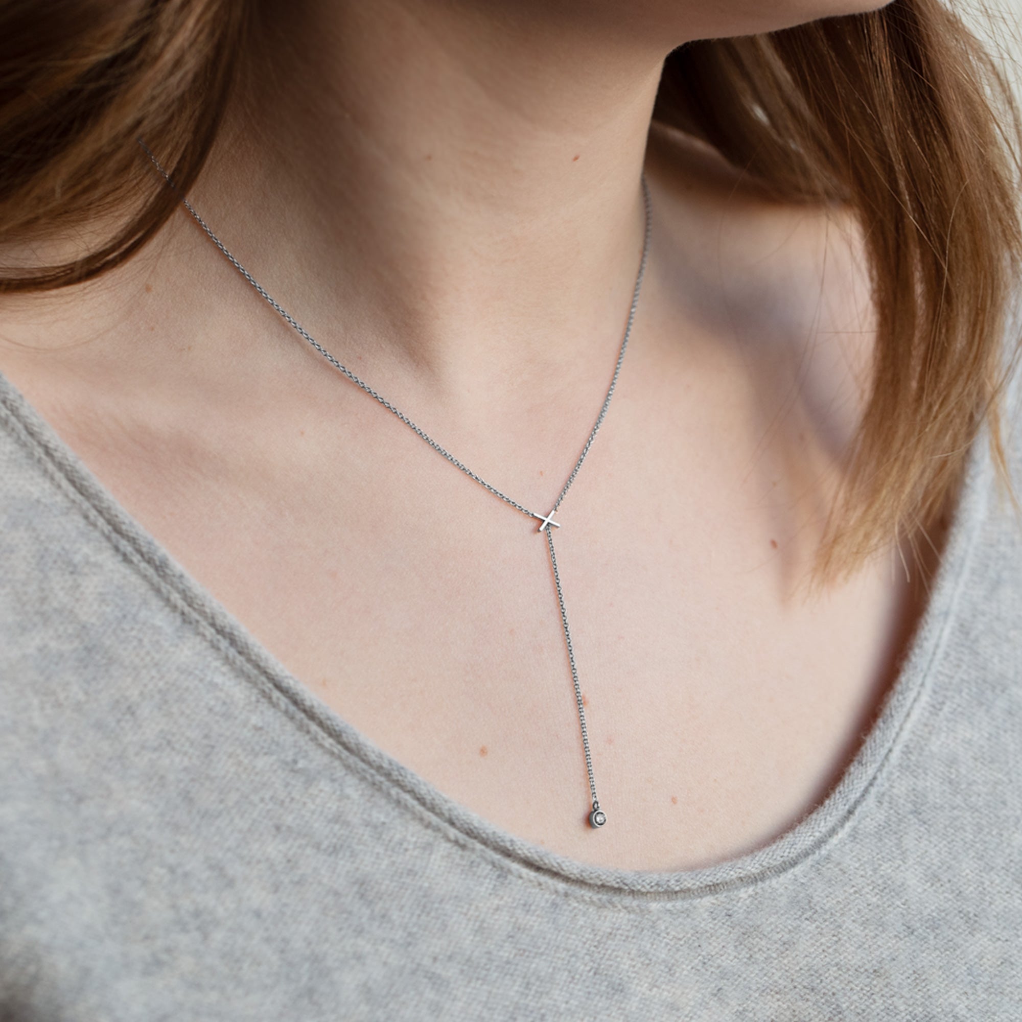 The XO' Salt and Pepper Diamond Lariat Necklace | Yellow, Rose or Sterling Silver