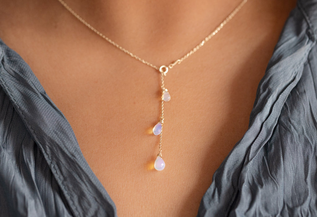 Natural Opal Cascade Lariat Necklace on Model