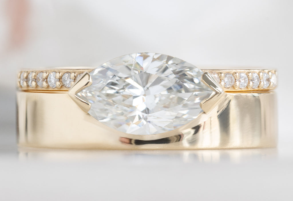 One Of A Kind Cigar Band with a White Marquise Diamond with Open Cuff Pavé Diamond Stacking Band