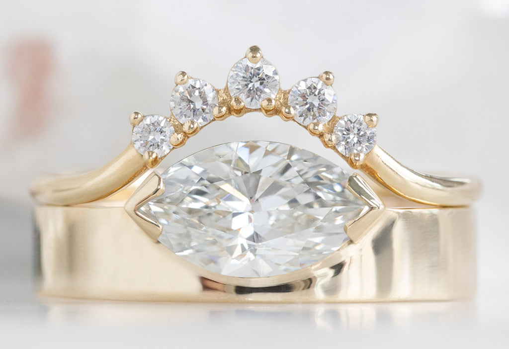 One Of A Kind Cigar Band with a White Marquise Diamond with Round Diamond Sunburst Stacking Band