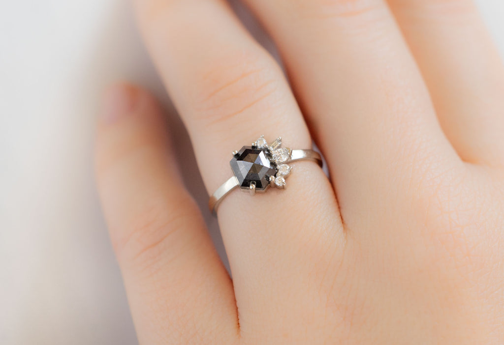 One-of-a-Kind Black Hexagon Diamond Cluster Ring on Model