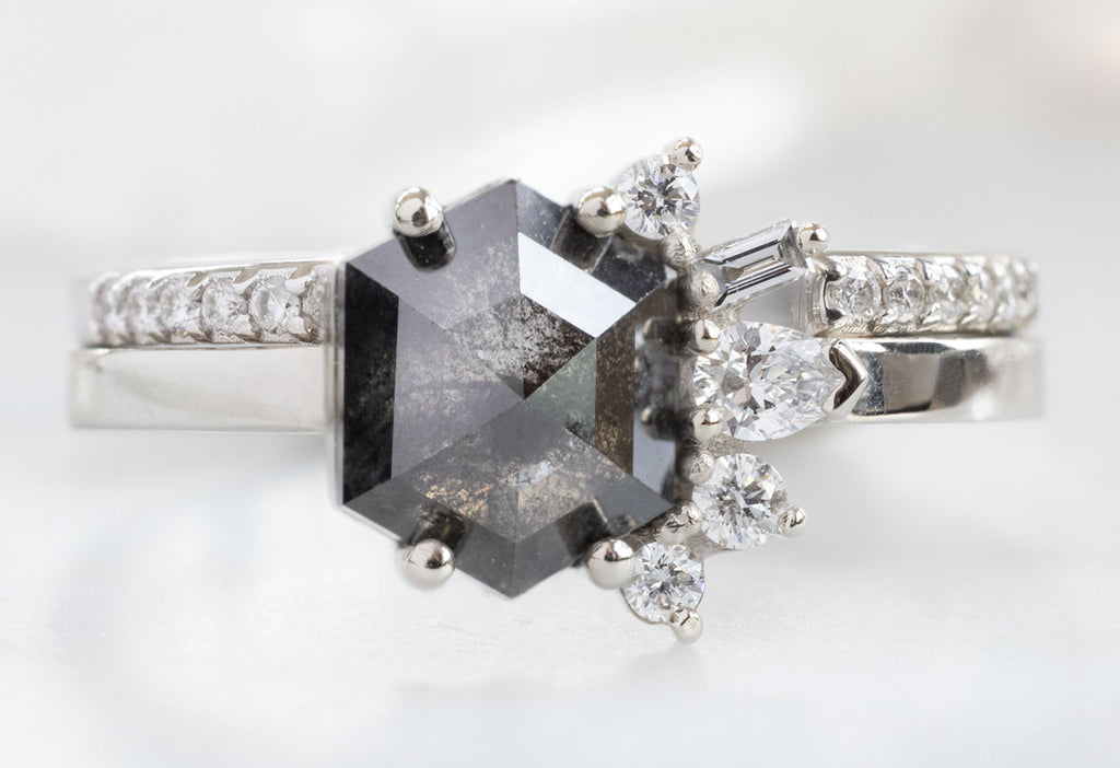 One-of-a-Kind Black Hexagon Diamond Cluster Ring with Open Cuff Pavé Diamond Stacking Band