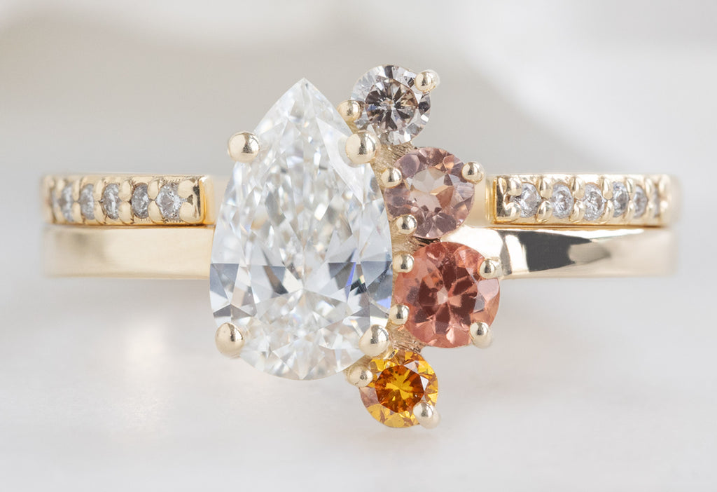 One of a Kind Diamond, Sapphire + Sunstone Cluster Ring with Open Cuff Pavé Diamond Stacking Band
