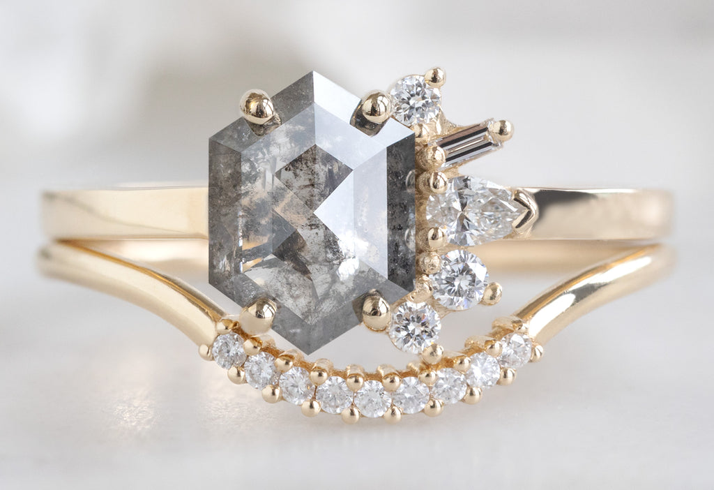 One-of-a-Kind Salt and Pepper Hexagon Diamond Cluster Ring with Pavé Arc Stacking Band
