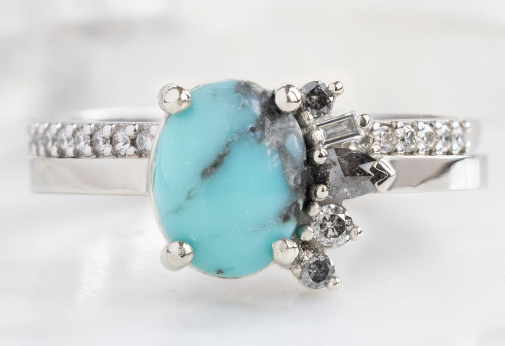 Turquoise & Diamond Cluster Ring with Open Cuff Pavé Diamond Stacking Band