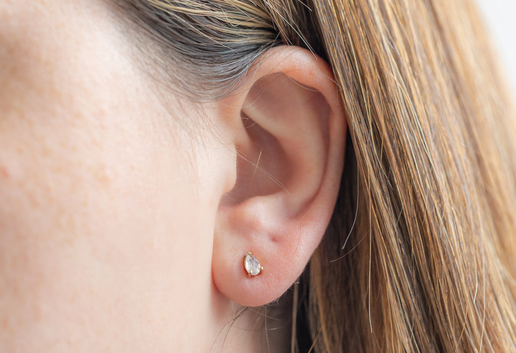 Rose-Cut Opalescent Diamond Stud Earrings on Model