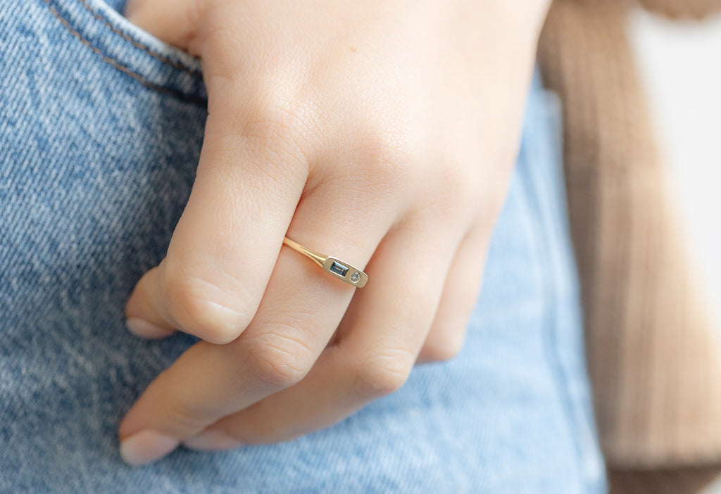 Asymmetrical Sapphire + Diamond Signet Ring on Model