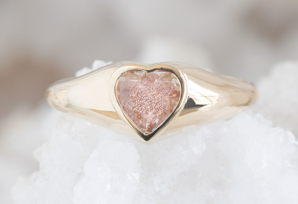 Sweetheart Sunstone Signet Ring on White Crystal