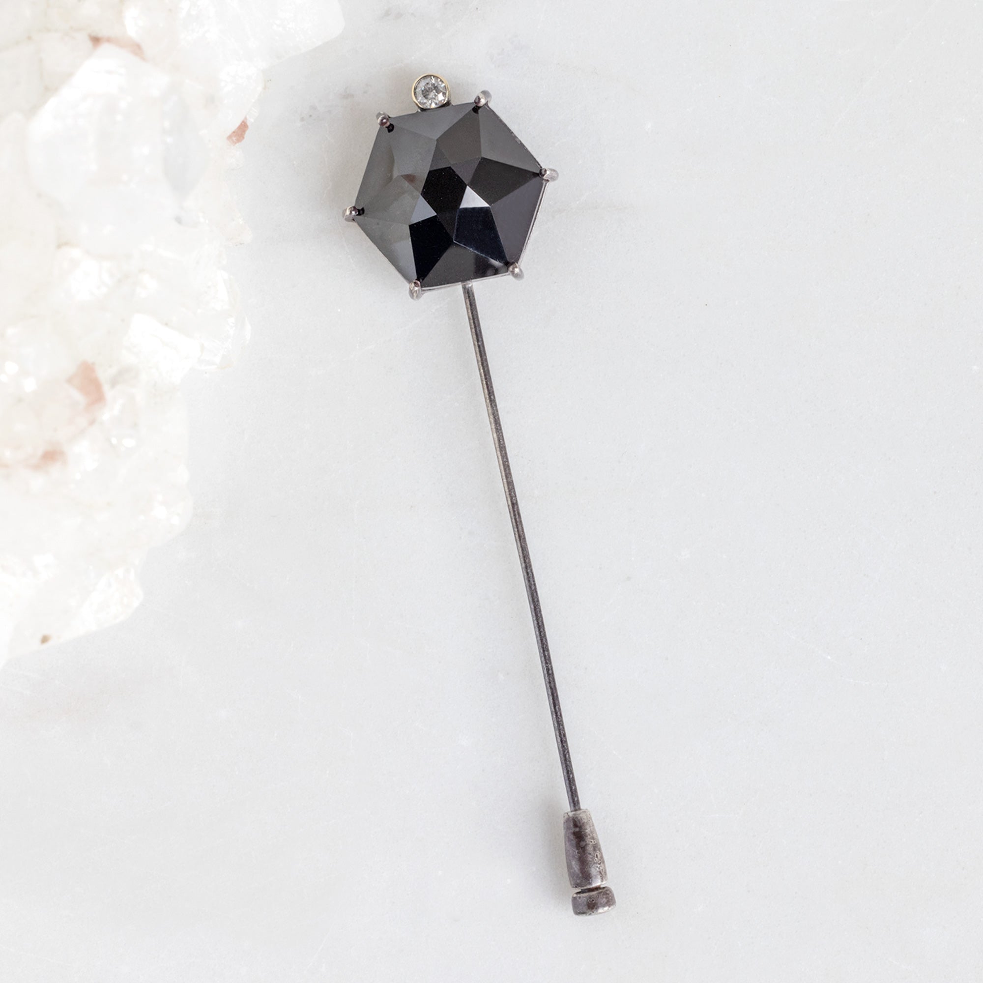 The Onyx & Diamond Lapel Pin | Oxidized Sterling Silver