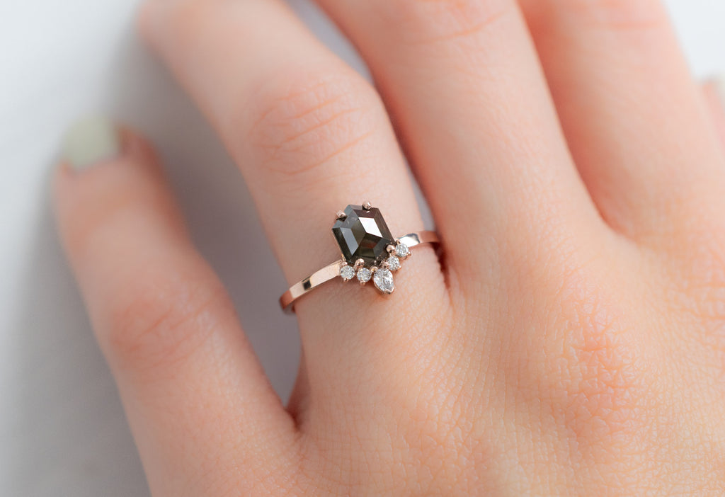 The Aster Ring with a Black Hexagon Diamond with on Model