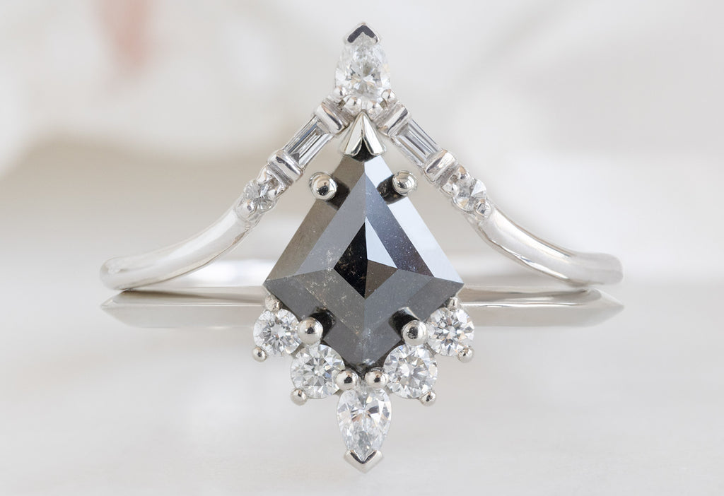 The Aster Ring with a Kite-Shaped Black Diamond with White diamond Stacking Bnad