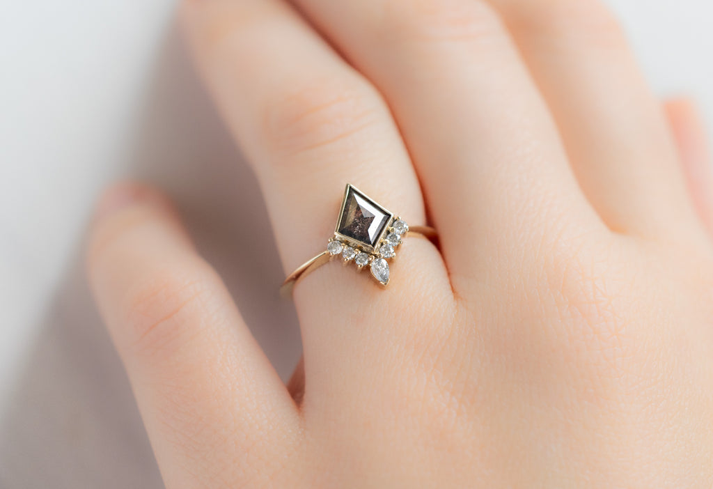 The Aster Ring with a Kite-Shaped Salt and Pepper Diamond on Model